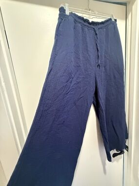 Elastic Waist Navy Cropped Wide-Leg Pants